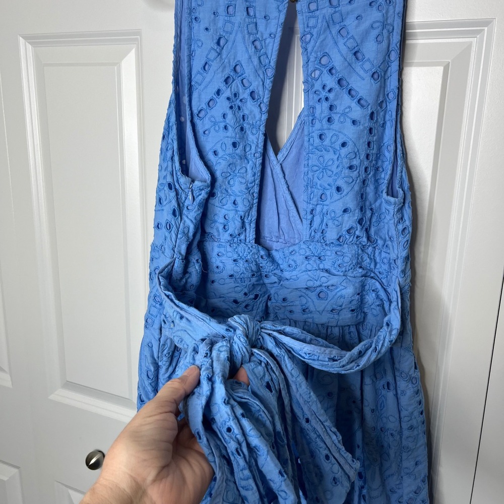 Maeve Anthropologie Blue Eyelet Midi Dress Size 12 Tie Waist Boho - Picture 11 of 15